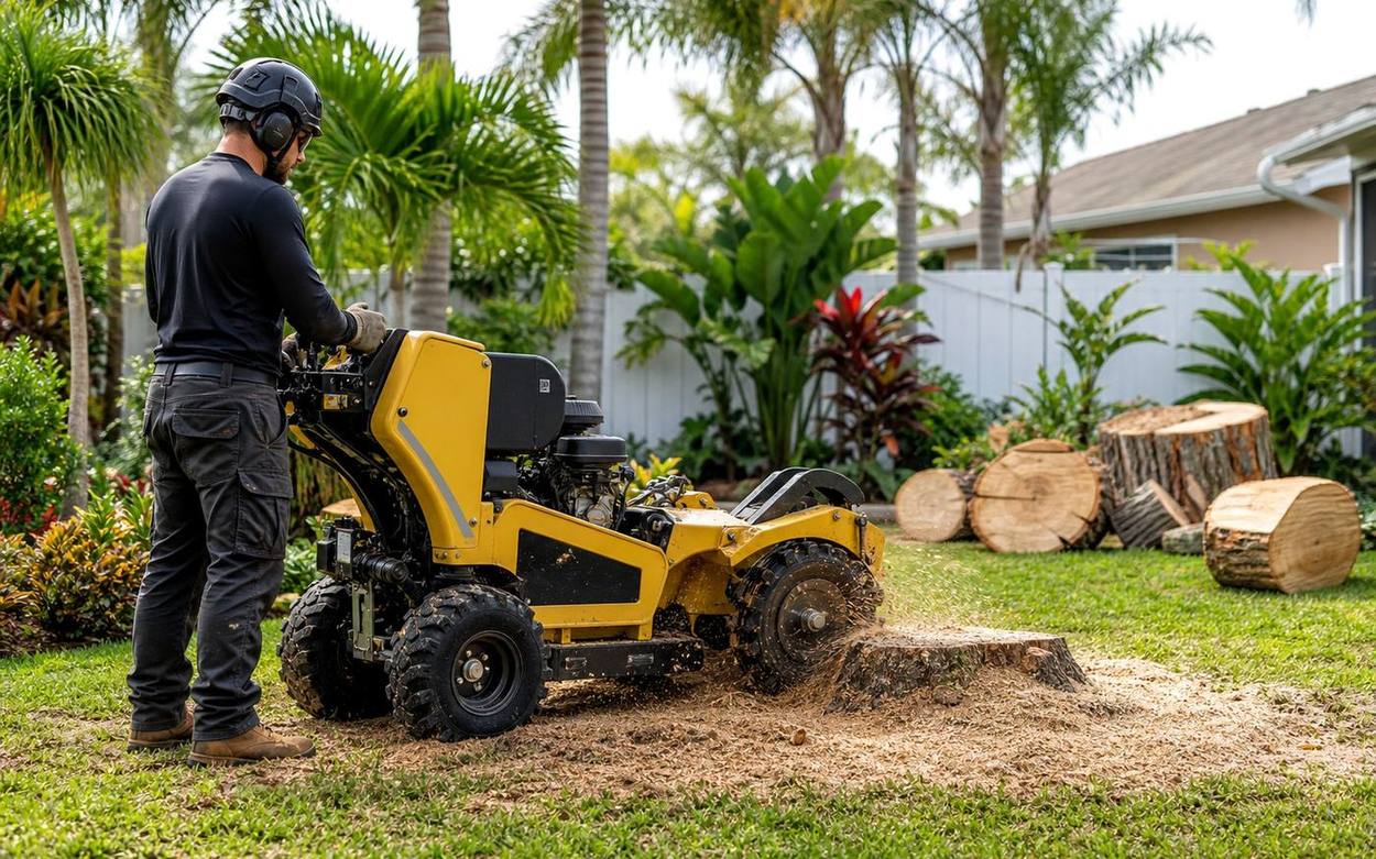 Tree trimming crew using professional equipment